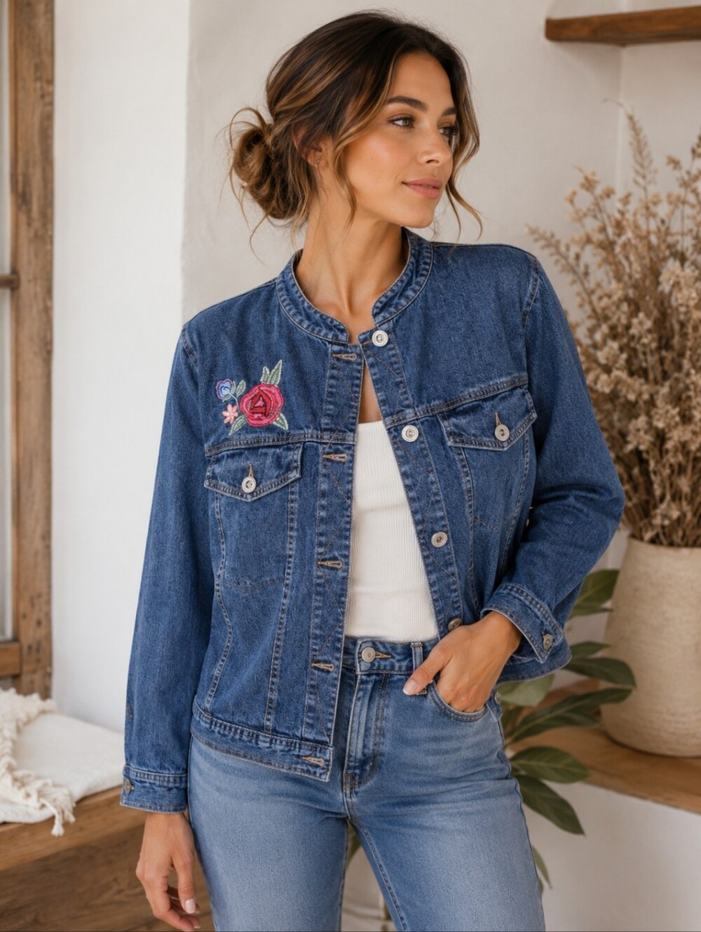 QVC Denim & Co. Jean Jacket with Pink Floral Embroidery